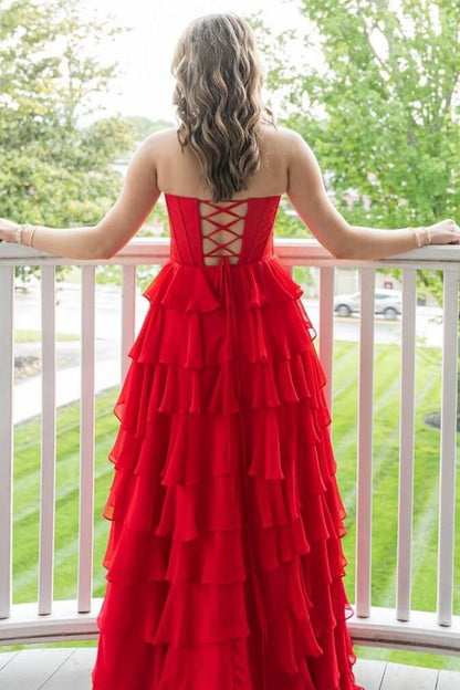 A-Line Strapless Empire-Waist Layered Chiffon Prom Dress with Slit