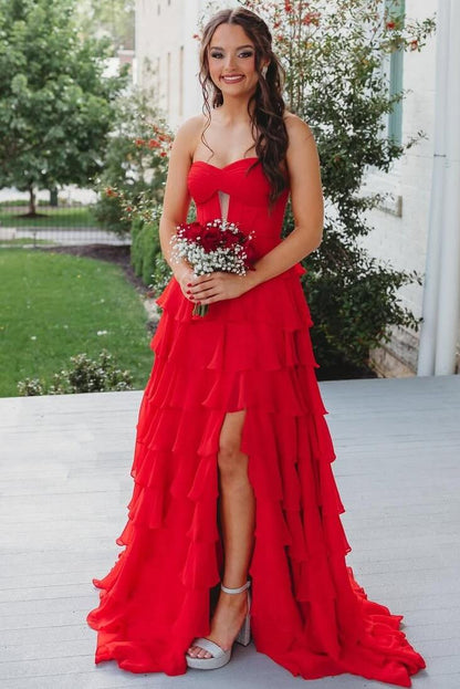 A-Line Strapless Empire-Waist Layered Chiffon Prom Dress with Slit