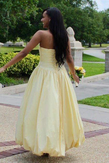 Classy Yellow A-Line Strapless Empire-Waist Satin Long Prom Dress with Slit