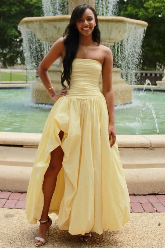 Classy Yellow A-Line Strapless Empire-Waist Satin Long Prom Dress with Slit