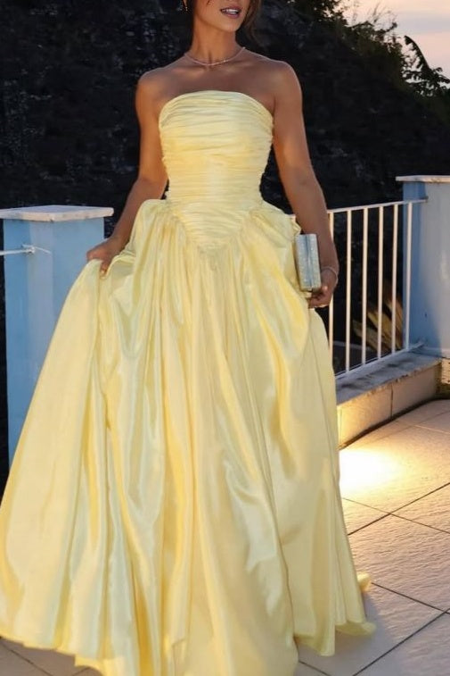 Yellow Strapless A-Line Empire-Waist Satin Pleated Evening Prom Dress