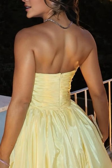 Yellow Strapless A-Line Empire-Waist Satin Pleated Evening Prom Dress