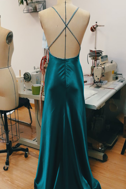 Spaghetti Straps  Deep V-Neck Beads Long Evening Prom Dress with Slit