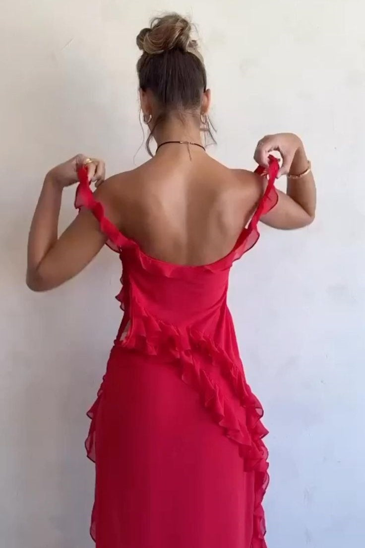 Classy Straps Ruffles High Slit Sleeveless Chiffon Formal Prom Dress