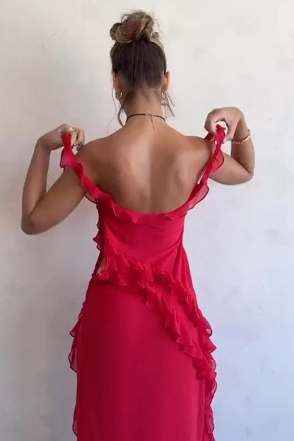 Classy Straps Ruffles High Slit Sleeveless Chiffon Formal Prom Dress