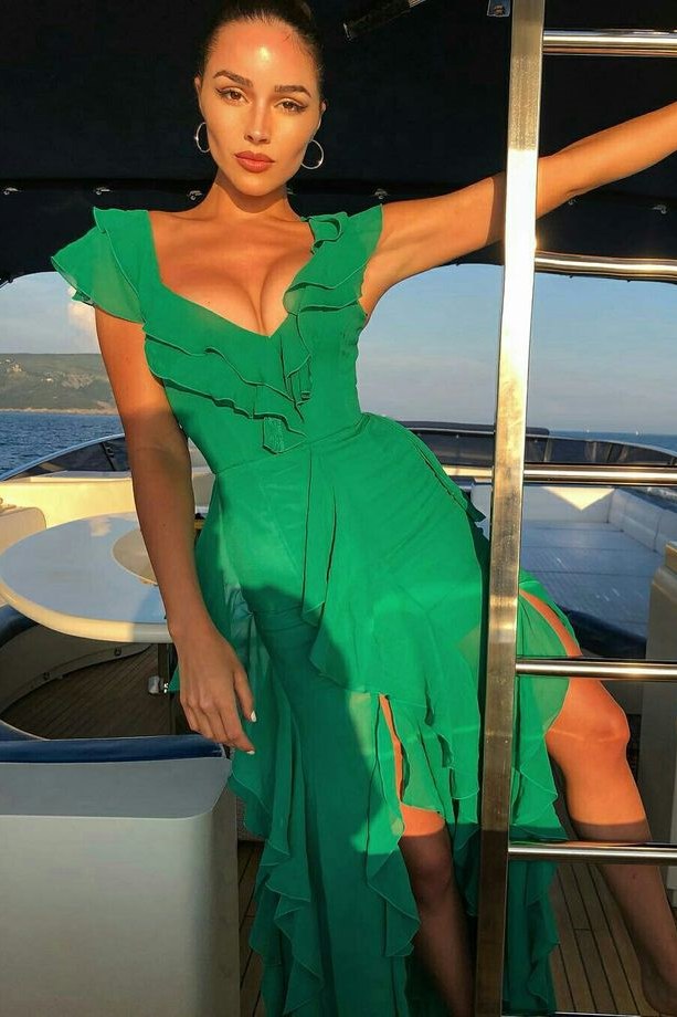 Green A-Line V-Neck Straps Ruffles Long Prom Formal Dress with Slit