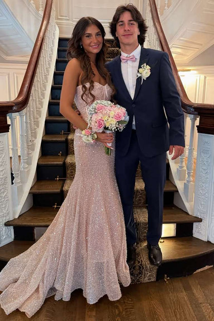 Pink Strapless Sweetheart Glitter Mermaid Long Prom Dress with Train