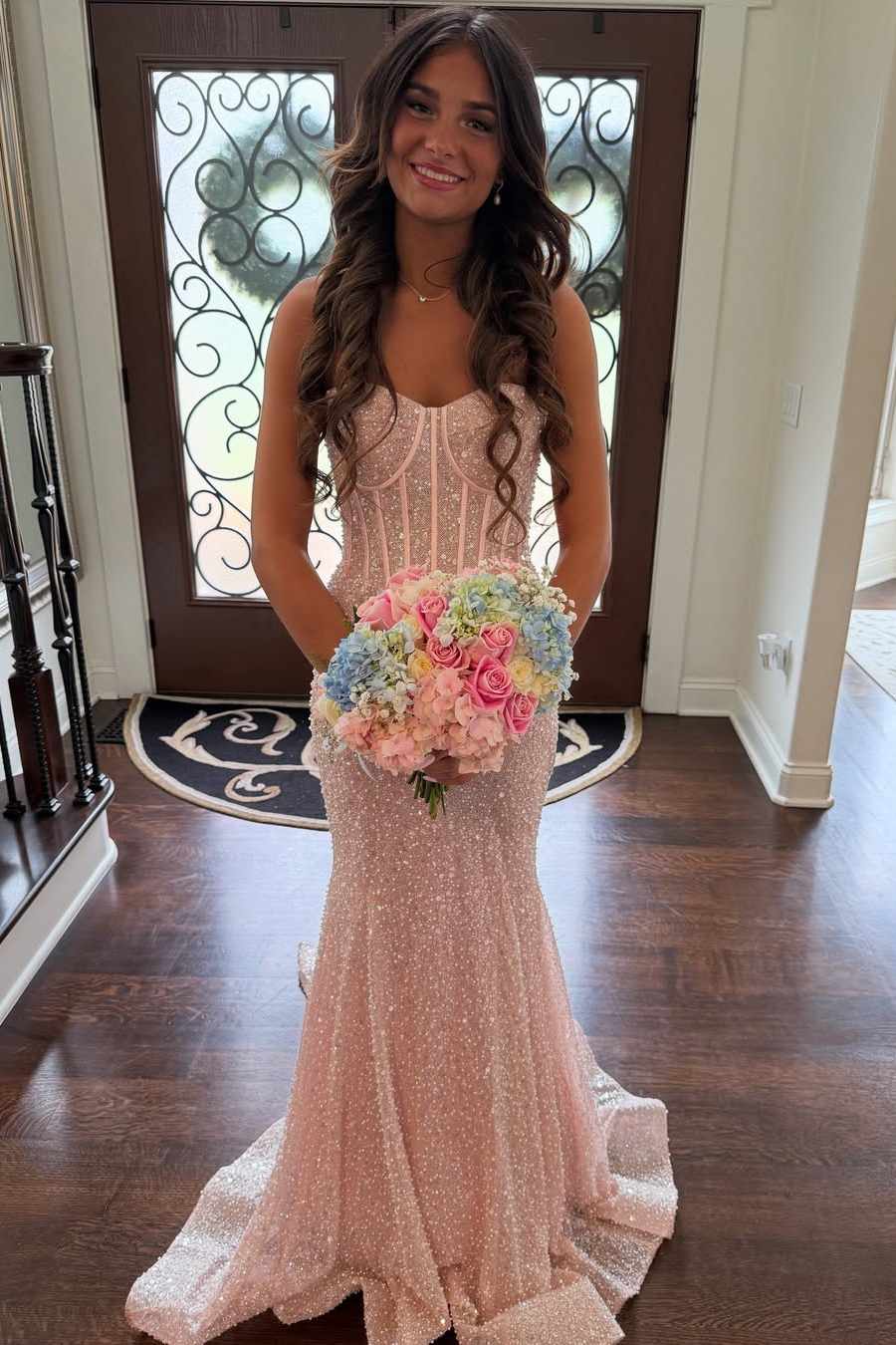 Pink Strapless Sweetheart Glitter Mermaid Long Prom Dress with Train