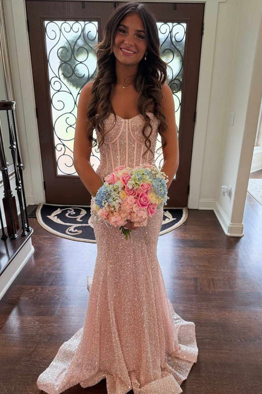 Pink Strapless Sweetheart Glitter Mermaid Long Prom Dress with Train