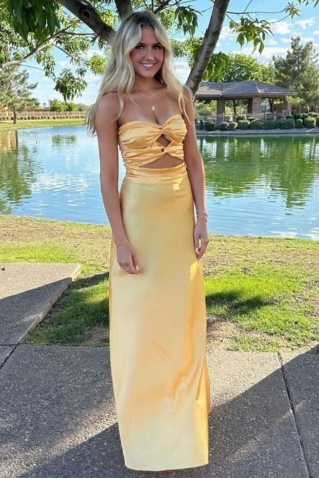 Chic Strapless Keyhole Satin Sleeveless Long Formal Prom Dress