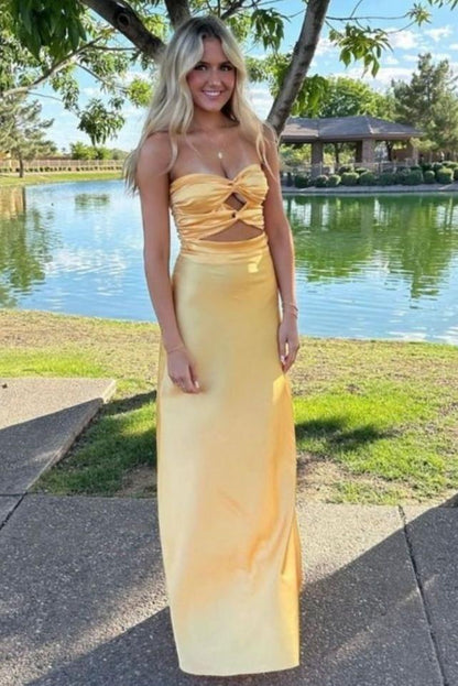 Chic Strapless Keyhole Satin Sleeveless Long Formal Prom Dress
