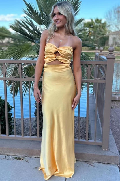 Chic Strapless Keyhole Satin Sleeveless Long Formal Prom Dress