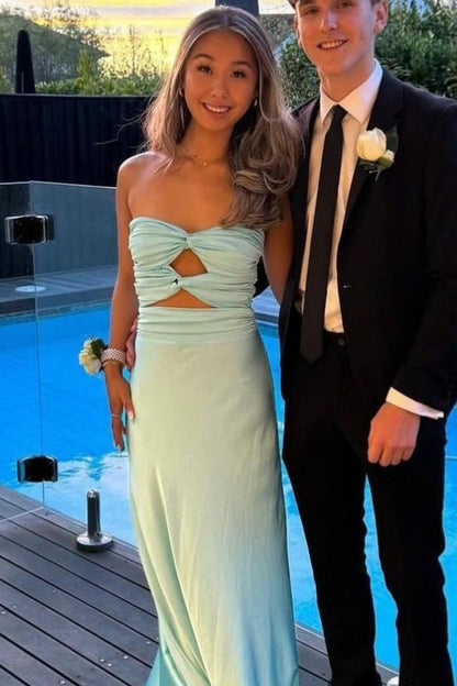 Chic Strapless Keyhole Satin Sleeveless Long Formal Prom Dress