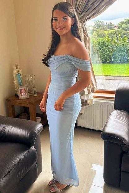 Classy Off-Shoulder Blue Pleats Mermaid Long Formal Prom Dress