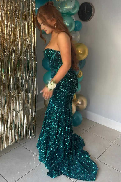 Sparkly Strapless Sweetheart Mermaid Sequined Prom Dress with Train