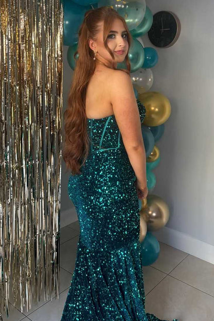 Sparkly Strapless Sweetheart Mermaid Sequined Prom Dress with Train