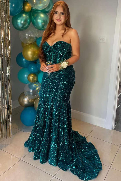 Sparkly Strapless Sweetheart Mermaid Sequined Prom Dress with Train