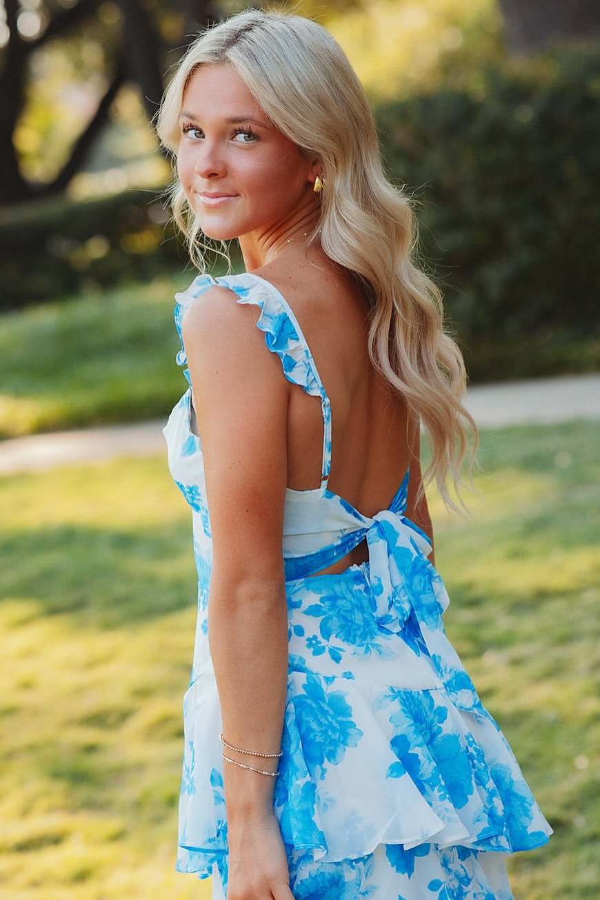 A-Line Straps Ruffles Sleeveless Print Long Prom Dress with Slit