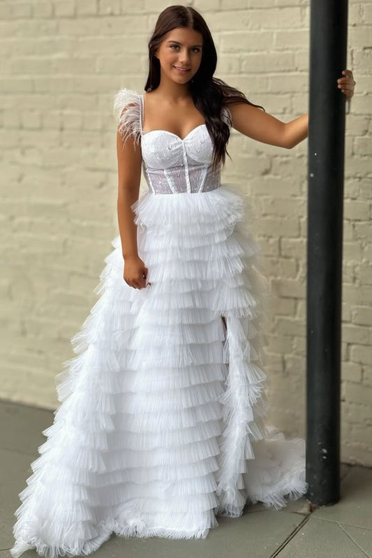 White A-Line Empire-Waist Straps Sweetheart Ruffle Tulle Prom Dress