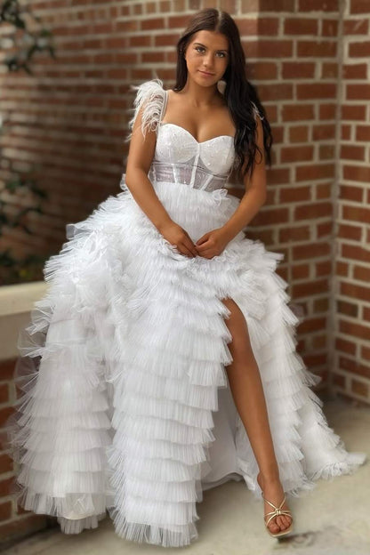 White A-Line Empire-Waist Straps Sweetheart Ruffle Tulle Prom Dress