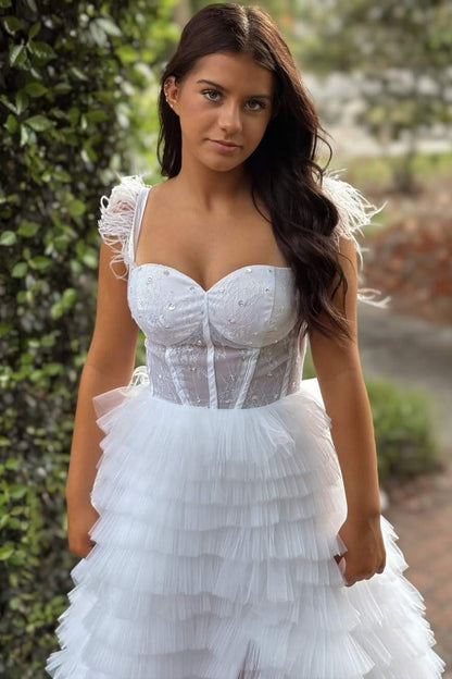 White A-Line Empire-Waist Straps Sweetheart Ruffle Tulle Prom Dress