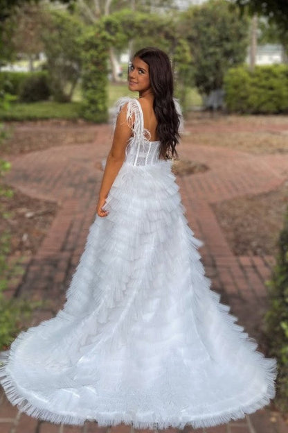 White A-Line Empire-Waist Straps Sweetheart Ruffle Tulle Prom Dress
