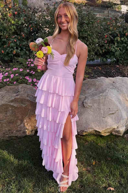 Pink Spaghetti Straps Ruffles Chiffon Long Prom Dress with Slit