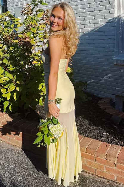 Yellow Strapless Pleats See-through Sleeveless Long Prom Dress