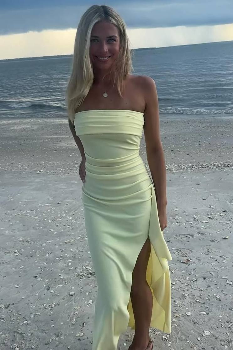 Simple Strapless Pleats Satin High Slit Sleeveless Long Prom Dress