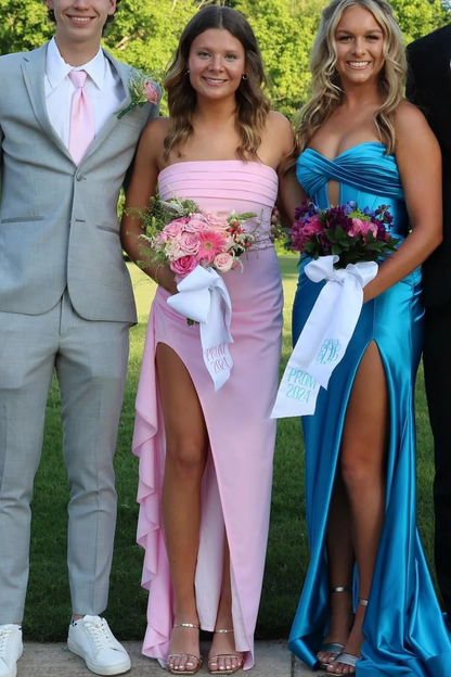 Simple Strapless Pleats Satin High Slit Sleeveless Long Prom Dress