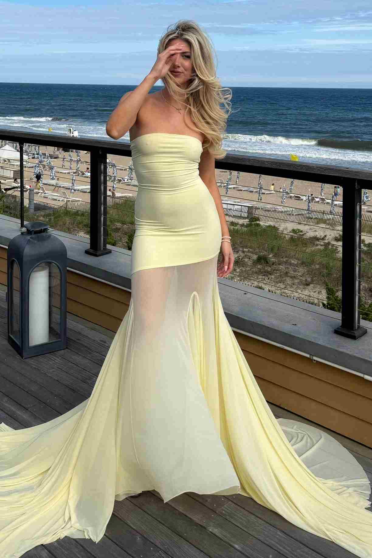 Mermaid Yellow Strapless Scoop Neck Sleeveless Long Prom Dress with Train