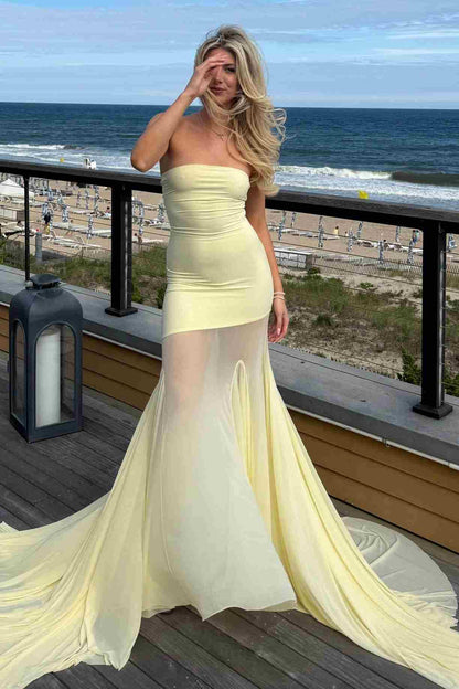 Mermaid Yellow Strapless Scoop Neck Sleeveless Long Prom Dress with Train