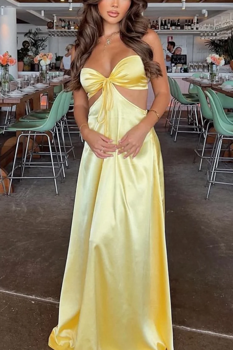 Simple Strapless A-Line Hollowing Satin Sleeveless Party Prom Dress