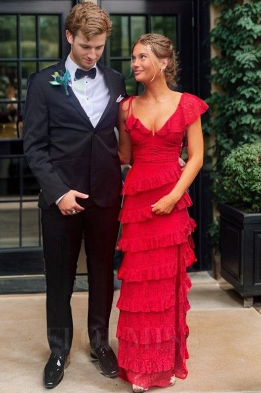 Elegant V-Neck Straps Ruffles Lace Sleeveless Long Prom Dress