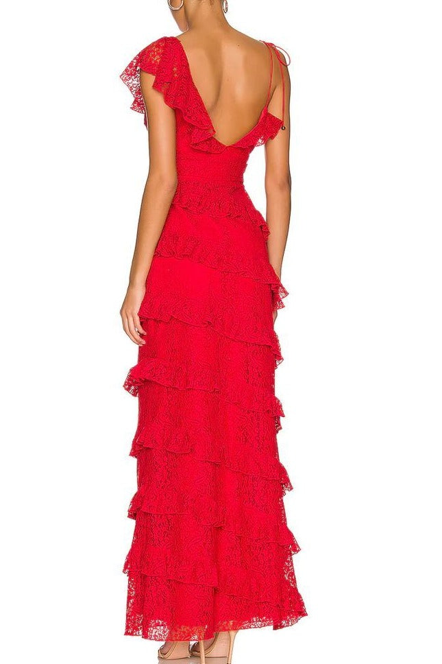 Elegant V-Neck Straps Ruffles Lace Sleeveless Long Prom Dress