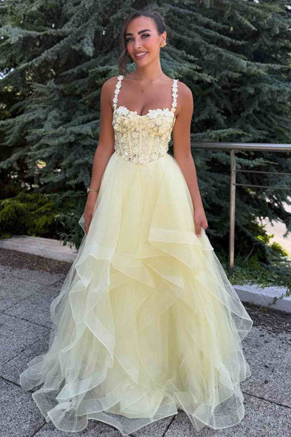 Yellow A-Line Straps Empire-Waist Sweetheart Ruffles  Long Prom Dress