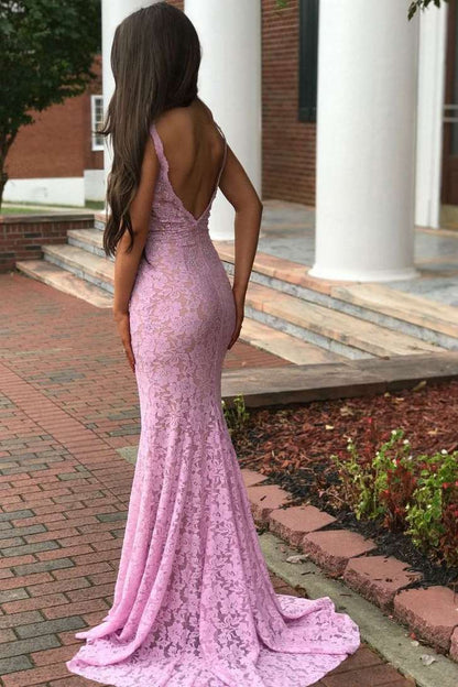 Pink V-Neck Double Straps Lace Appliques Sleeveless Long Prom Dress