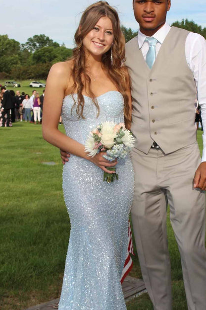 Blue Strapless Glitter Sweetheart Sleeveless Mermaid Prom Party Dress