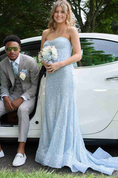 Blue Strapless Glitter Sweetheart Sleeveless Mermaid Prom Party Dress