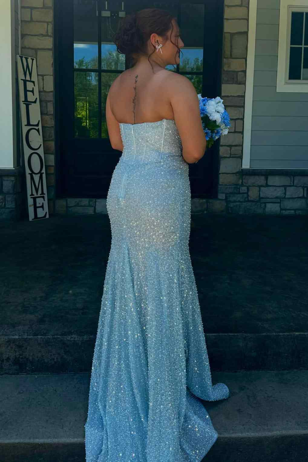 Blue Strapless Glitter Sweetheart Sleeveless Mermaid Prom Party Dress