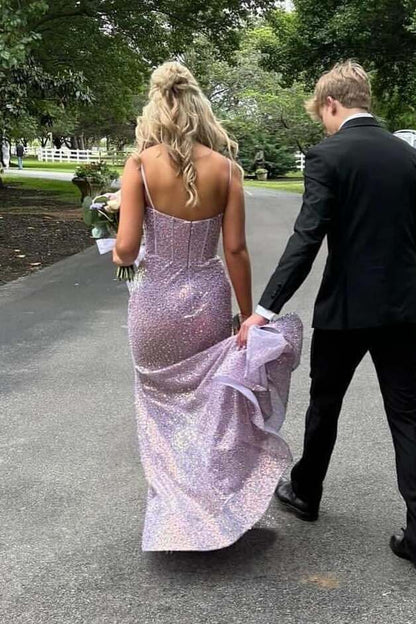 Lilac Spaghetti Straps V-Neck Sequined Pleats Mermaid Prom Dress