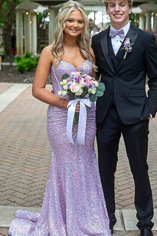 Lilac Spaghetti Straps V-Neck Sequined Pleats Mermaid Prom Dress
