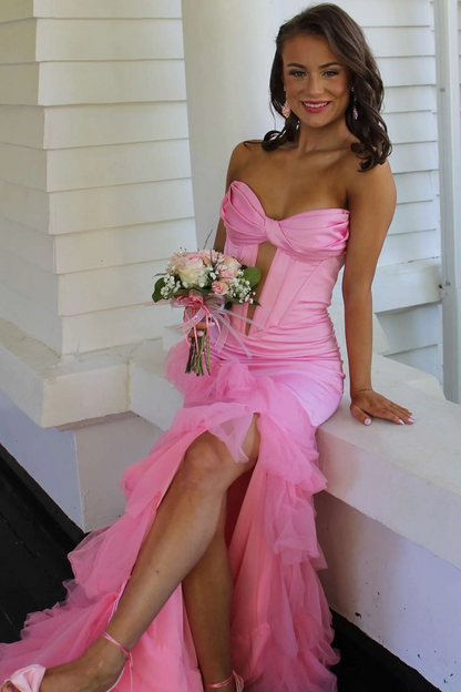 Pink Strapless Ruffles Tulle Keyhole Sleeveless Mermaid Prom Dress