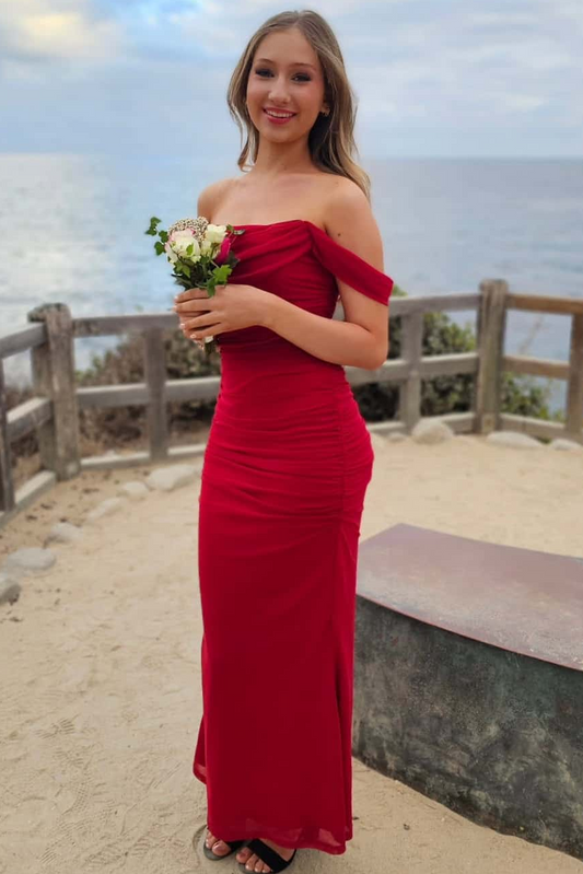 Classy Burgundy Off-Shoulder Pleats Sheath Formal Prom Dress