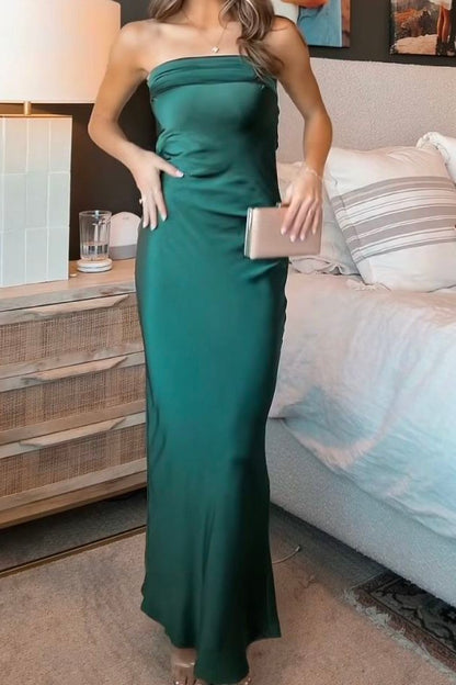 Simple Strapless Pleats Satin Sleeveless Party Prom Dress