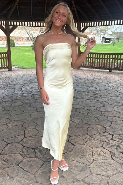 Simple Strapless Pleats Satin Sleeveless Party Prom Dress