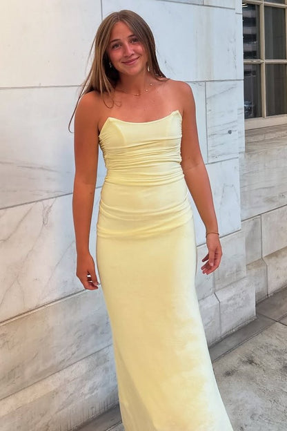 Yellow Strapless Lace-Up Scoop Neck Satin Pleats Long Prom Dress