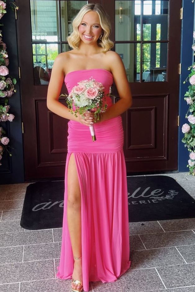 Strapless Pleats Sleeveless High Slit Long Party Prom Dress