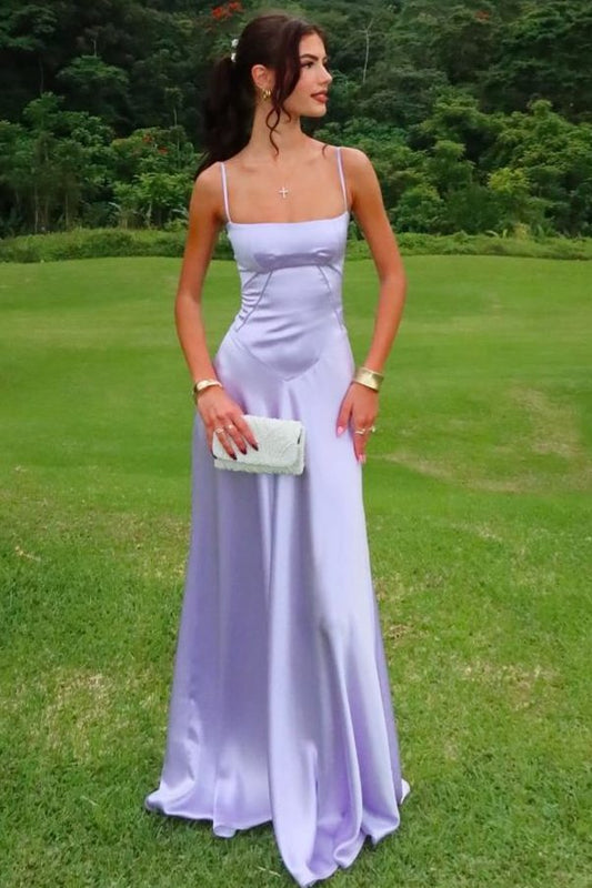 Spaghetti Straps A-Line Square Neck Sleeveless Satin Prom Dress