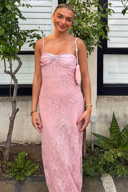 Pink Spaghetti Straps Lace Appliques Sleeveless Long Prom Dress